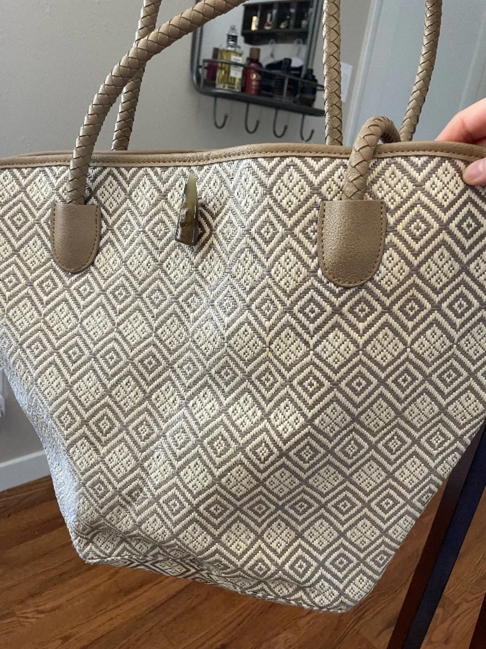 Neiman Marcus Gold Diamond Print Tote Bag | Braided Rope Handles | Leather Trim - Picture 2 of 6